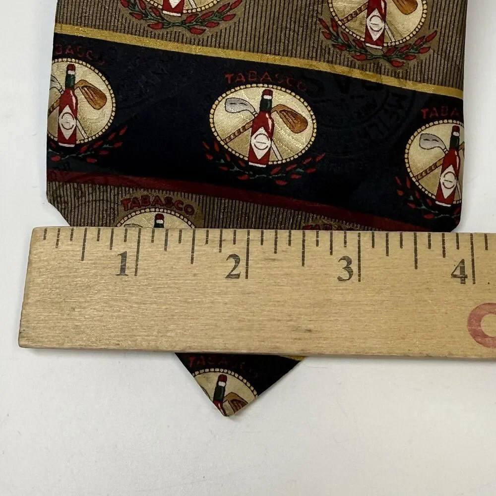 Tabasco Hot Sauce And Golf Club Theme Black Tan Red 100% Silk Neck Tie